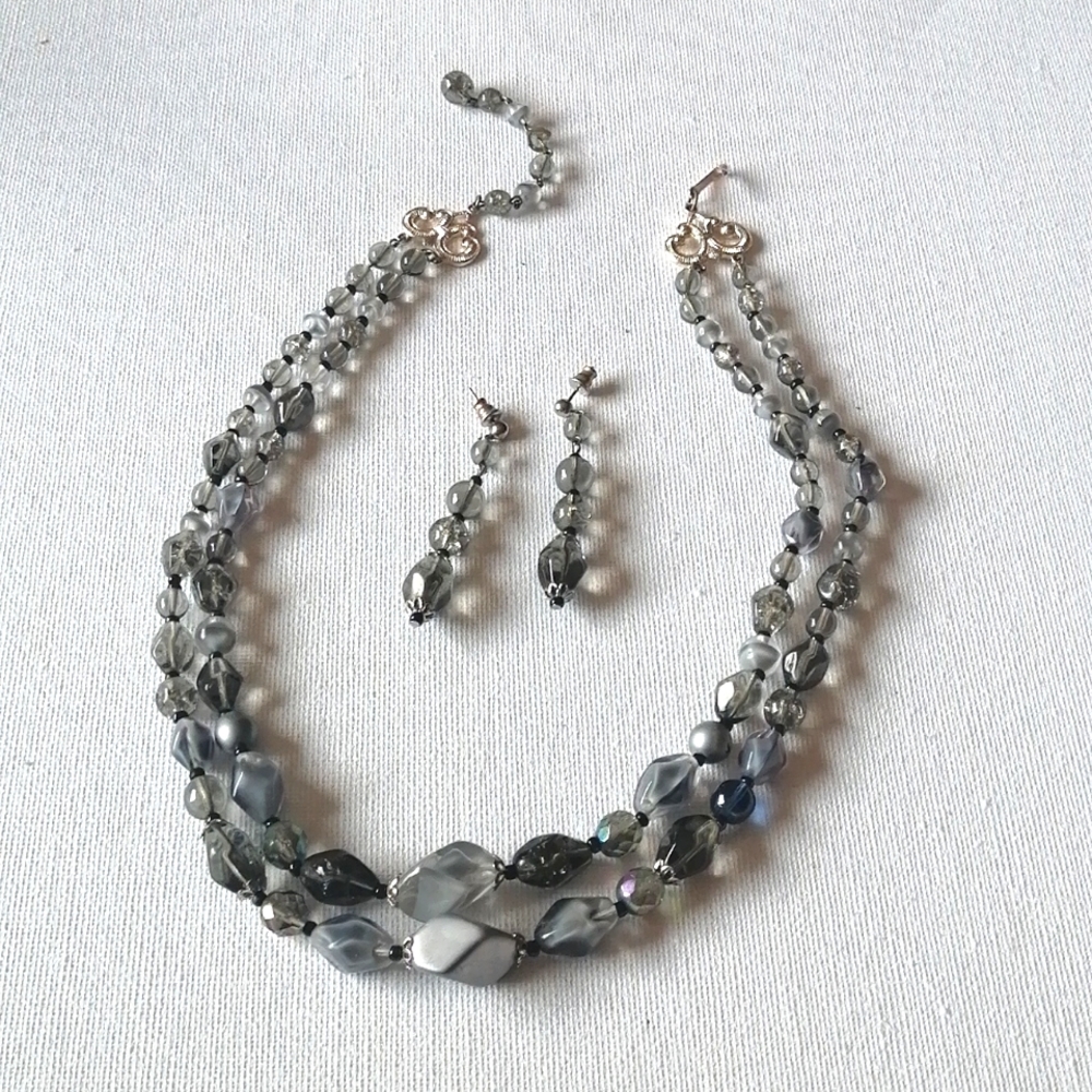 Vintage Gray Lucite Beads 2-Strand Necklace and Earrings Set